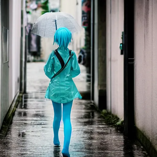 Prompt: hatsune miku walking down a rainy street, ef 8 5 mm f 1. usm