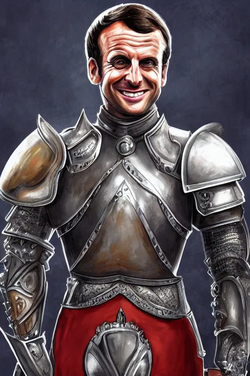 Image similar to emmanuel macron smiling while wearing armour, highly detailed, digital art, sharp focus, trending on art station