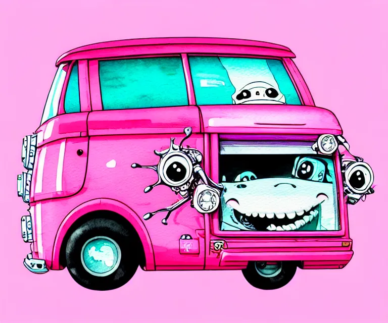 Image similar to cute and funny, pink colored squid wearing goggles riding in a tiny hot rod van with oversized engine, ratfink style by ed roth, centered award winning watercolor pen illustration, isometric illustration by chihiro iwasaki, edited by range murata, tiny details by artgerm and watercolor girl, symmetrically isometrically centered