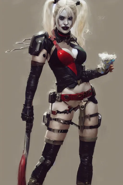 Image similar to portrait of Harley Quinn in bikini armor, dc comics, cyberpunk, Warhammer 40000, digital art from artstation by Ruan Jia and Mandy Jurgens and Artgerm and william-adolphe bouguereau