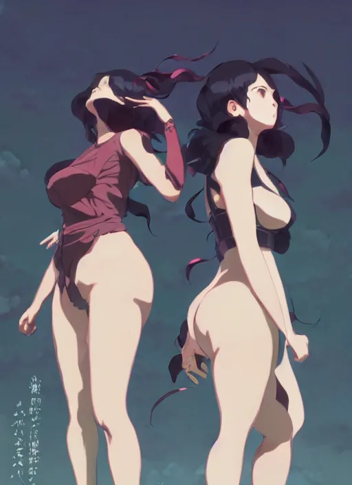 Image similar to two volupous woman standing back to back in villa, illustration concept art anime key visual trending pixiv fanbox by wlop and greg rutkowski and makoto shinkai and studio ghibli