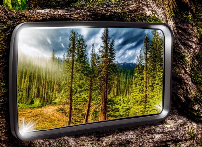 Image similar to photo of a crystal mirror that is a portal to a barren!! world. Forest in the background. Fantasy magic style. Highly detailed 8k. Intricate. Nikon d850 55mm. Award winning photography.