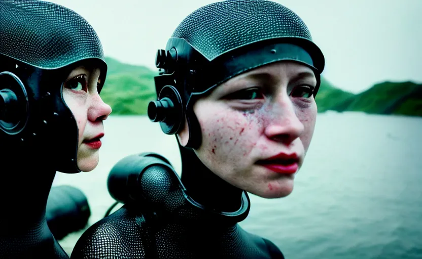 Image similar to cinestill 5 0 d candid photographic portrait by helen levitt of two loving female androids wearing rugged black mesh techwear in treacherous waters, extreme closeup, modern cyberpunk moody emotional cinematic, hurricane, 8 k, hd, high resolution, 3 5 mm, f / 3 2, ultra realistic faces, ex machina