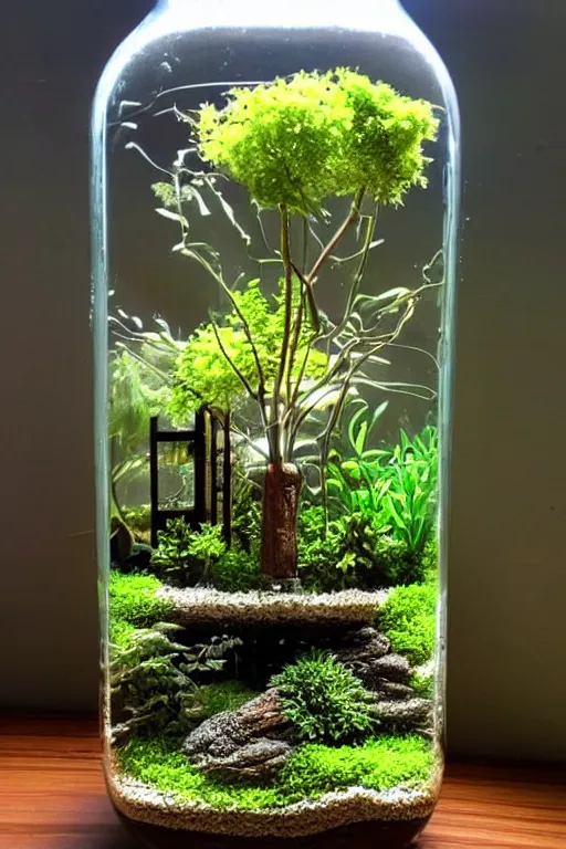 Prompt: glass jar terrarium with a city inside of it, highly detailed, lots of plants and trees, ambient lighting