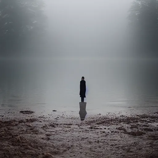 Prompt: a woman, standing in shallow endless water, foggy, backlit, backlit, photo by Marat Safin, Canon EOS R3, f/1.4, ISO 200, 1/160s, 8K, RAW, unedited, symmetrical balance, in-frame