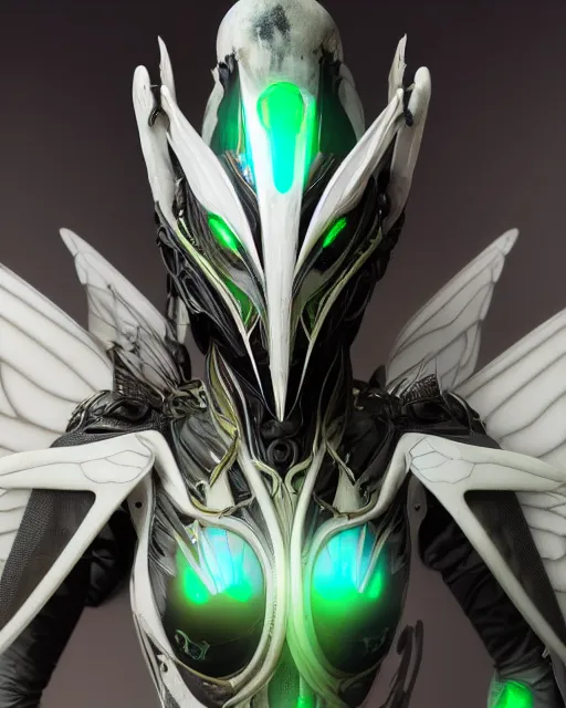 Prompt: preying mantis wearing white dove wings, warframe armor, regal, attractive, ornate, sultry, sexy, beautiful, elize theron, pretty face, green eyes, scifi platform, 4 k, ultra realistic, epic lighting, illuminated, cinematic, black gold, art by akihito tsukushi, voidstar