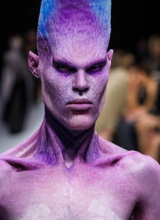 Image similar to hyperrealistic and heavy detailed off white avant garde runway show of thanos ( marvel comics ), leica sl 2 5 0 mm, vivid color, high quality, high textured, real life