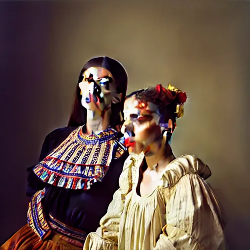 Image similar to hyperrealism photography in caravaggio style computer simulation visualisation of parallel universe sit - com scene with beautiful highly detailed ukrainian woman wearing ukrainian traditional shirt designed by taras shevchenko and woman wearing neofuturistic neural interface by josan gonzalez. hyperrealism photo on pentax 6 7, kodak portra 4 0 0 volumetric natural light - s 1 5 0