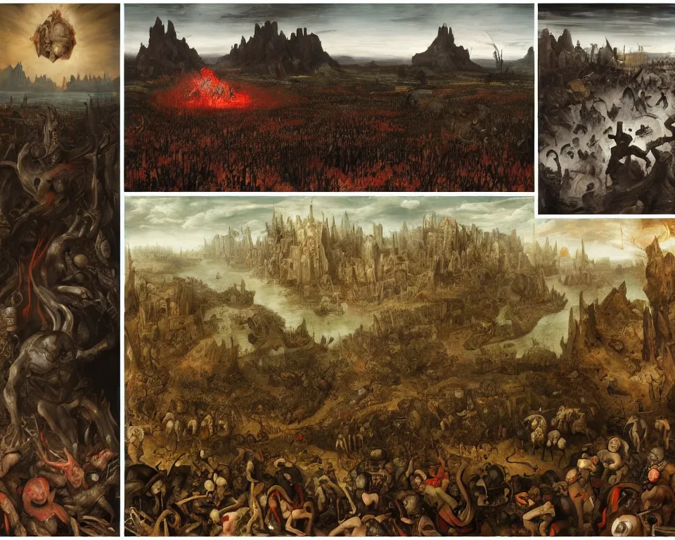 Image similar to doom eternal by jakub rozalski, garden of eternal delights hell by hieronymus bosh, zoom on triumph of death by pieter brueghel, doom eternal by hieronymus bosh