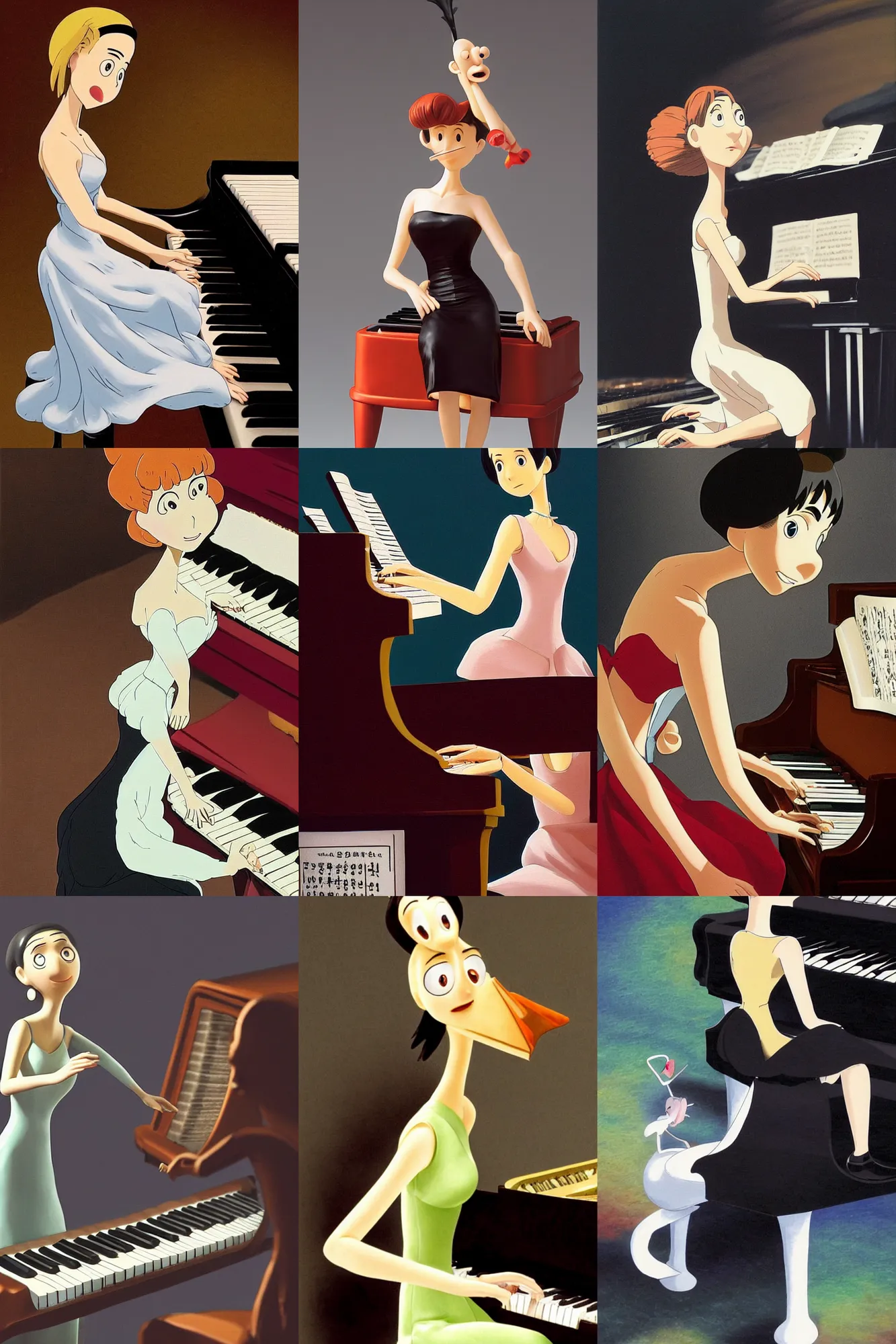 Prompt: a Pianist musician wearing an elegant dress playing the piano, oil painting of an anime figurine caricature with an expressive and focused expression, featured on Wallace and Gromit by Studio Ghibli and Pixar Dreamworks Disney animation