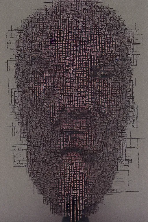 Prompt: ascii art, hyperrealism oil painting, portrait scary ai weiwei style zdzislaw beksinski