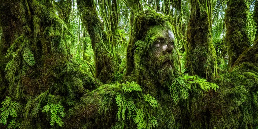 Prompt: a beautiful high fantasy god of the forest, its body made of trees and ferns and moss, dappled lighting, pentax photograph