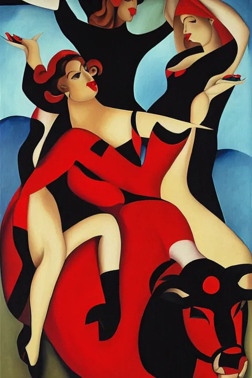 Prompt: highly detailed painting of gemini flamenco dancers wearing red dresses while they ride a black bull by tamara de lempicka