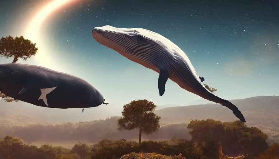 Prompt: highly detailed scifi render of a flying whale over the tuscany skies, cypresses and hills, stars and planets, hyper detailed, digital art, led lighting, studio quality, smooth render, unreal engine 5, octane render, trending on artstaion.