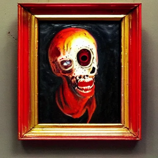 Image similar to a horrific painting in a bright red frame