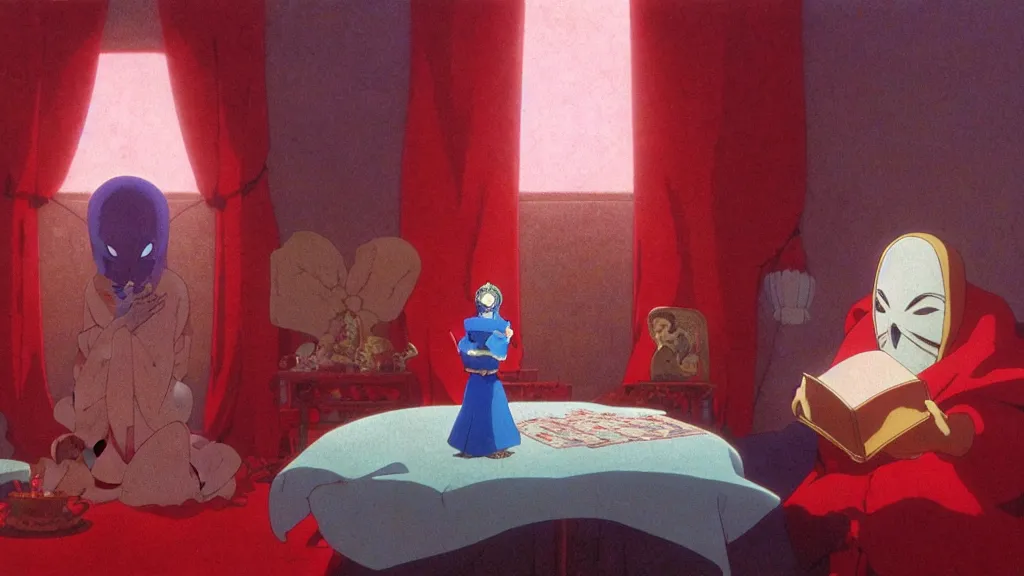 Image similar to a fortune teller wearing a mask sits in a red velvet room reading a fortune, anime film still from Studio Ghibli movie with art direction by Zdzisław Beksiński, wide lens