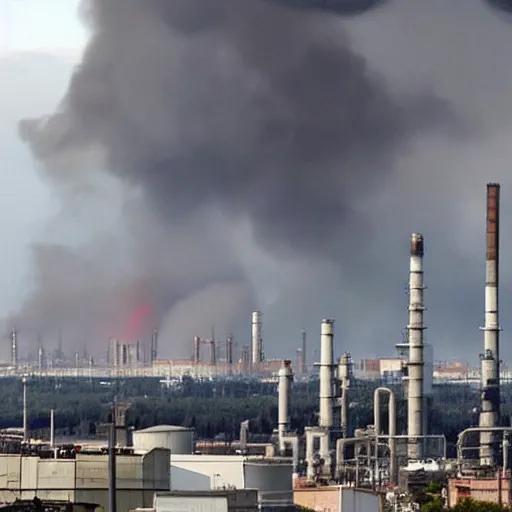 Image similar to an explosion rocks a fuel refinery, set in Madrid