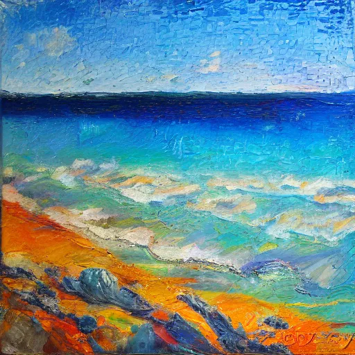 Image similar to rottnest island, modern, impressionist, highly textured landscape, palette knife, layered, sculptured, dynamic, oil on canvas