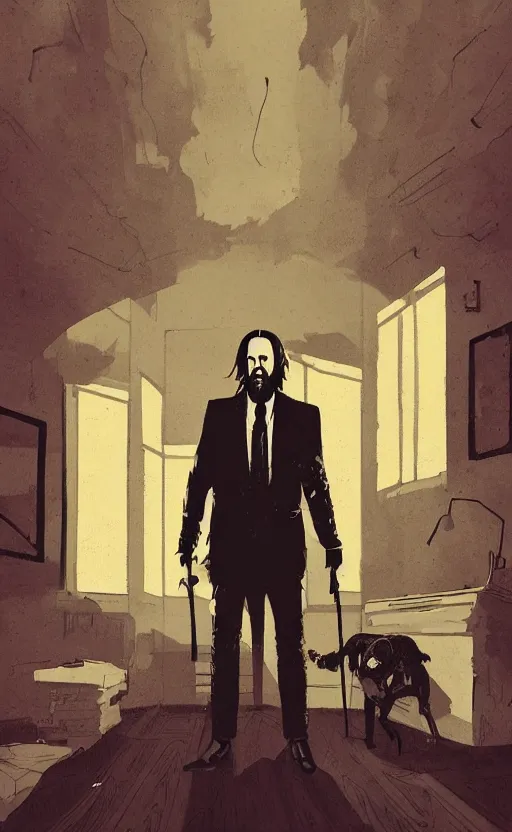 Prompt: mcbess illustration of nicolas cage as john wick dilapidated room, long shadow, dark room, vintage shading, warm colors, by Greg Rutkowski, artstation