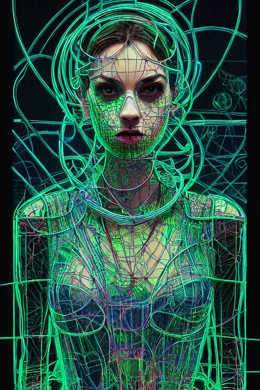 Prompt: dreamy cyberpunk girl, neon leather, detailed acrylic, wireframe fractals, intricate complexity, by dan mumford and by alberto giacometti, peter lindbergh