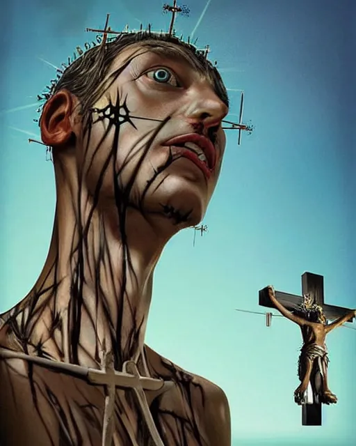 Image similar to crucifix theme surrealist art in the styles of igor morski, jim warren, and a tim burton film, intricate, hyperrealistic, accurate facial details, profile picture with chromakey!!!!! background, volumetric lighting