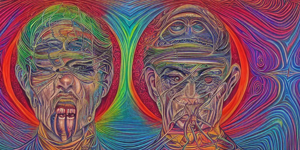Image similar to a surreal man with his third eye opening by alex grey