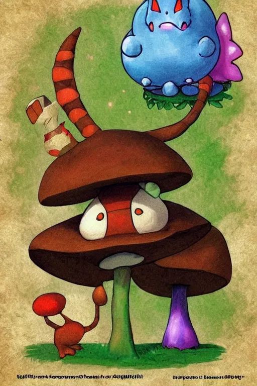 Prompt: mushroom cat creature, pokemon style, pokemon card