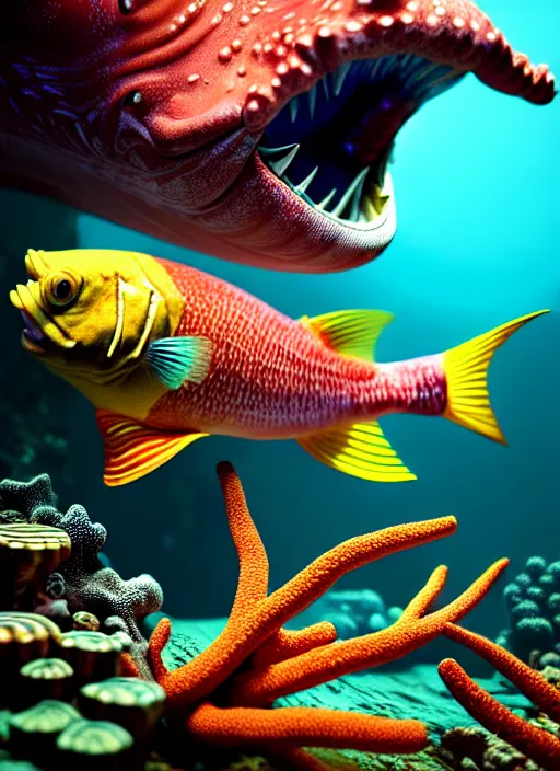 Image similar to hyperrealism, detailed textures, photorealistic 3 d render, an underwater scene with brightly coloured fish smoking cigars, brightly coloured coral, ultra realistic, ultra high pixel detail, cinematic, intricate, cinematic light, octane render, concept art, illustration, captured on canon eos r 6, art station, unreal engine 8 k