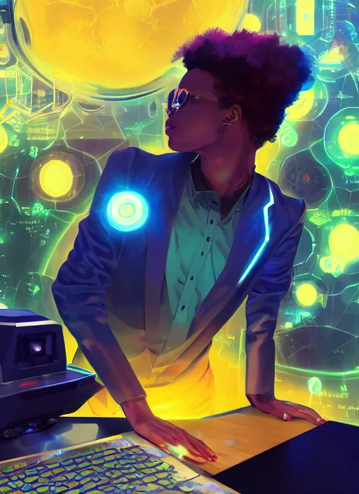 Prompt: afro - futurist scientist, computers and holograms, hacking the metaverse | hyperrealistic oil painting | by makoto shinkai, ilya kuvshinov, lois van baarle, rossdraws, basquiat | afrofuturism, in the style of hearthstone, trending on artstation | dark color scheme