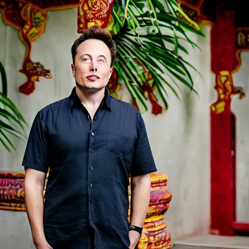 Image similar to A Photo Portrait of elon musk Wearing Indonesian Batik at a Balinese temple, award winning photography, sigma 85mm Lens F/1.4, blurred background, perfect faces