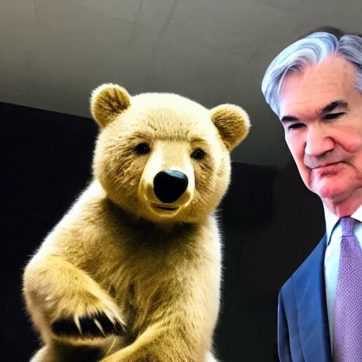 Prompt: photo of Jerome Powell holding a bear