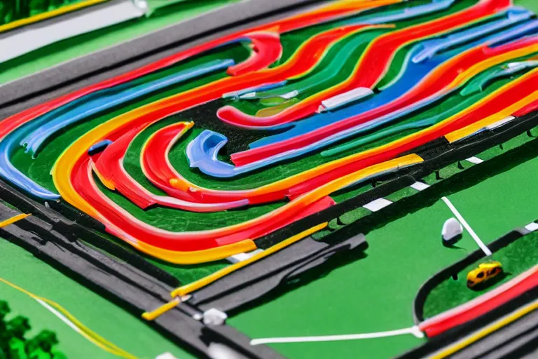 Prompt: windy racetrack made of translucent colorful plastic, 85mm scene from a tv show