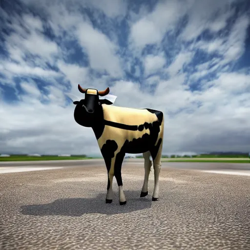 Prompt: a highly detailed ultra realistic photograph of a cow dressed in a male airplane pilot suit