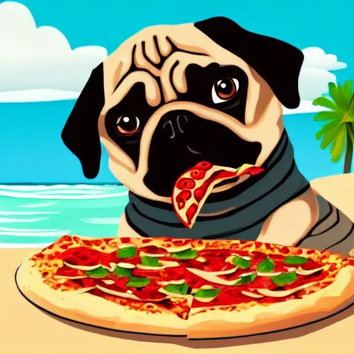 Prompt: a Pug eating pizza on the beach, illustration, digital art, trending on artstation, HDR