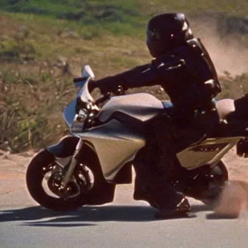 Prompt: film still from the 'Epic Action Movie' (1995). Exciting action scene of a motorcycle and explosions. Sigma 85mm f/8