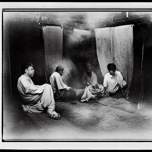 Prompt: people smoking opium in an opium den, monochrome film, dreamlike,