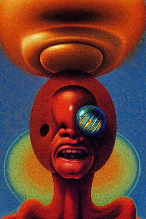 Image similar to 8 0 s art deco close up portait of mushroom head with big mouth surrounded by spheres, rain like a dream oil painting curvalinear clothing cinematic dramatic cyberpunk textural fluid lines otherworldly vaporwave interesting details fantasy lut epic composition by basquiat zdzisław beksinski james jean artgerm rutkowski moebius francis bacon gustav klimt