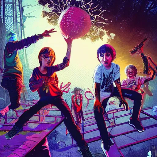 Prompt: young punk rockers fighting against zombies at the playground, by baseball bat in the retro wave stranger things style, neon colors, hyper detailed, digital art, cinematic lighting, concept art by artgerm and greg rutkowski and caravaggio and moebius and jakub rebelka, 8 k