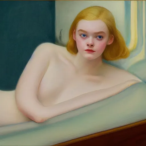 Image similar to Painting of Elle Fanning underwater, long blonde hair, delicate, pale milky white porcelain skin, by Edward Hopper. 8K. Extremely detailed.