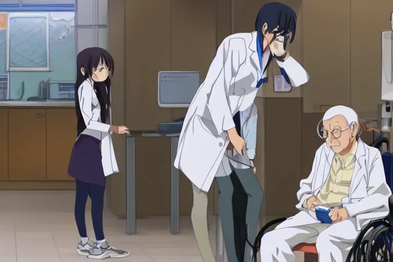 Image similar to a cute young female doctor wearing white coat are serving an old man in a wheelchair in a hospital, slice of life anime, lighting, anime scenery by Makoto shinkai