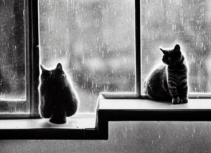 Image similar to photography of a Cat . watching outside the window while it rains. on a bed. in a 70's room full of vinyls and posters, photorealistic, raining award winning photo, 100mm, sharp, high res