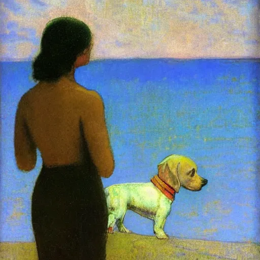 Image similar to a woman and her chiweenie looking out to sea by odilon redon