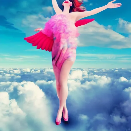 Prompt: goddess wearing a flamingo fashion on the clouds, photoshop, colossal, creative, giant, digital art, photo manipulation, clouds, sky view from the airplane window, covered in clouds, girl clouds, on clouds, covered by clouds