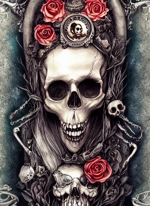 Prompt: alice in wonderland death tarot card, highly detailed, half skull face, cinematic, 8 k, bymegan duncanson, benjamin lacombe, naoto hattori, adrian borda, giger, trending on deviantart, hyper detailed, horror, full of colour