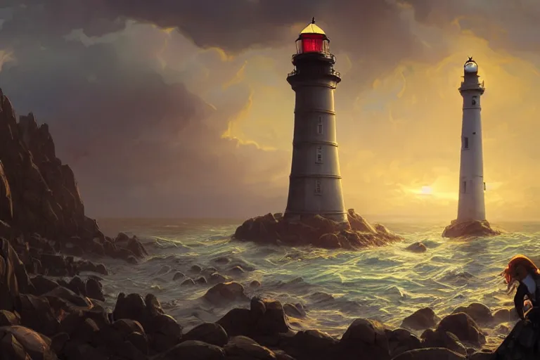 Image similar to a hyperrealistic render of a lighthouse in the victorian era, outdoor, art by Artgerm and Anato Finnstark and Greg Rutkowski and Alphonse Mucha, hearthstone art style, epic fantasty card game art, Beautiful dynamic dramatic moody lighting, shadows, cinematic, Octane, 8K