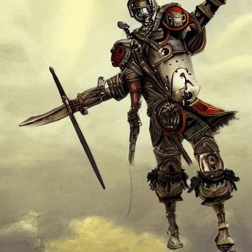 Prompt: warforged warrior with a spear fighting on an airship in a fantasy sky