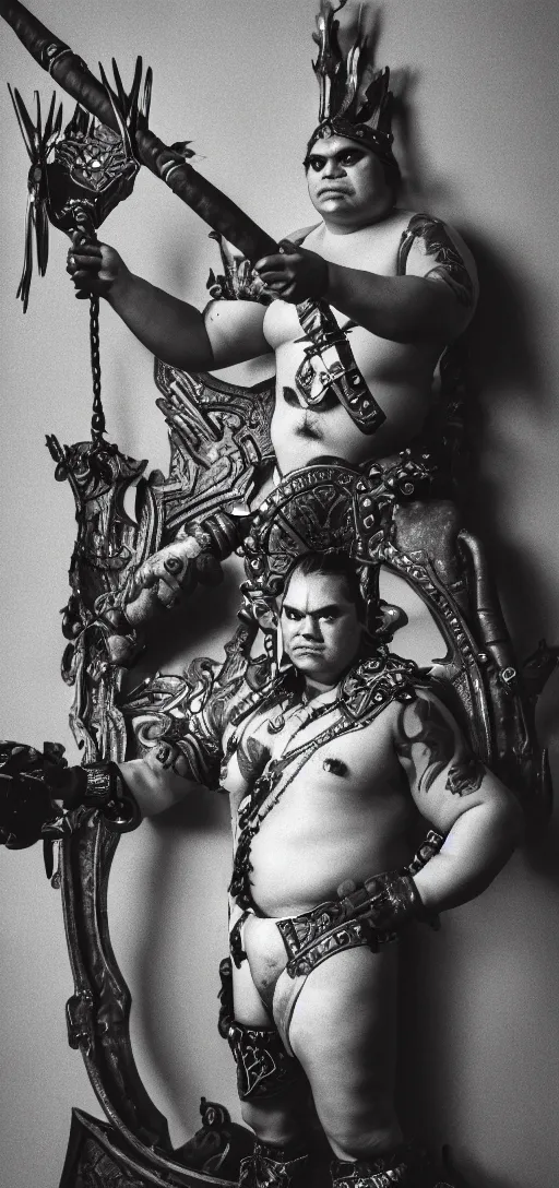 Prompt: Pudge from dota2, posing with his hooks, in front of a golden throne, photorealistic, highly detailed, leica M3