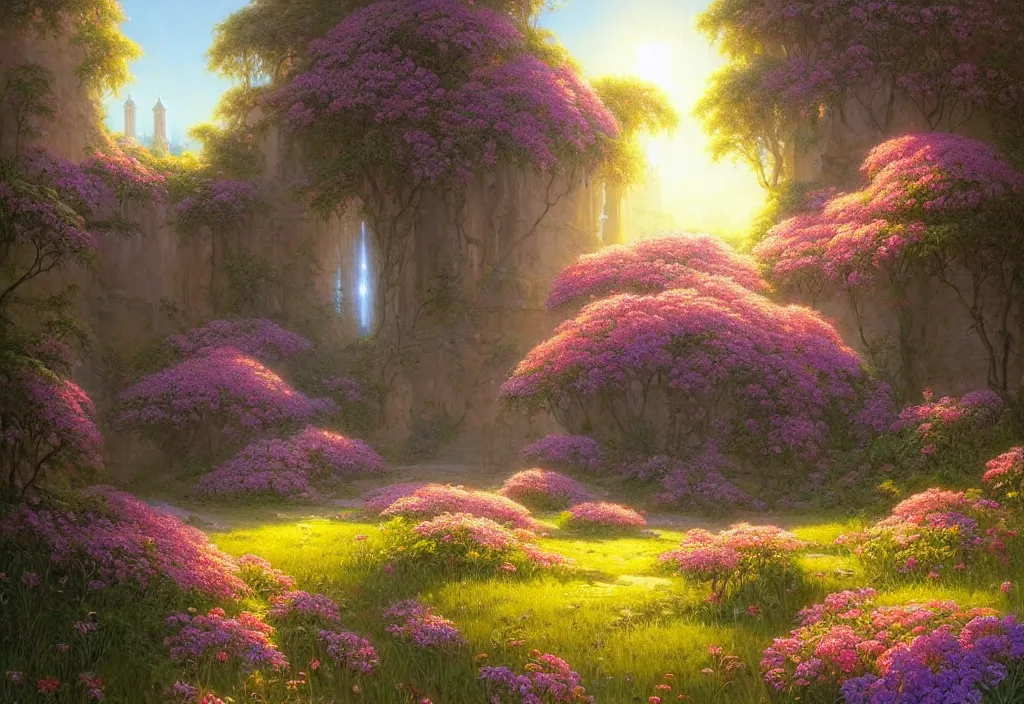 Image similar to wildflowers temple, radiant light, sylvain sarrailh, ferdinand knab