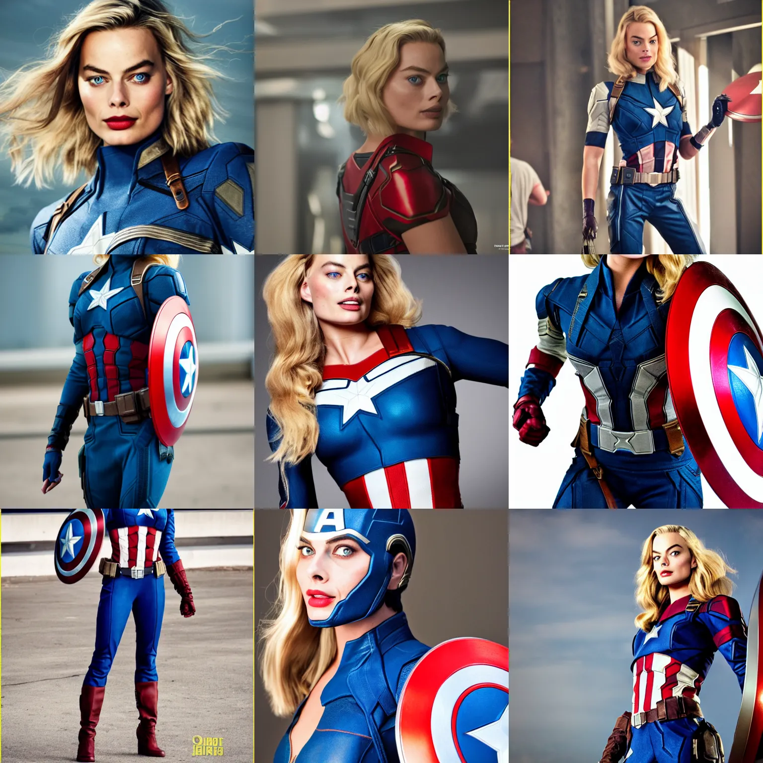 Prompt: margot robbie model as captain america dlsr photo