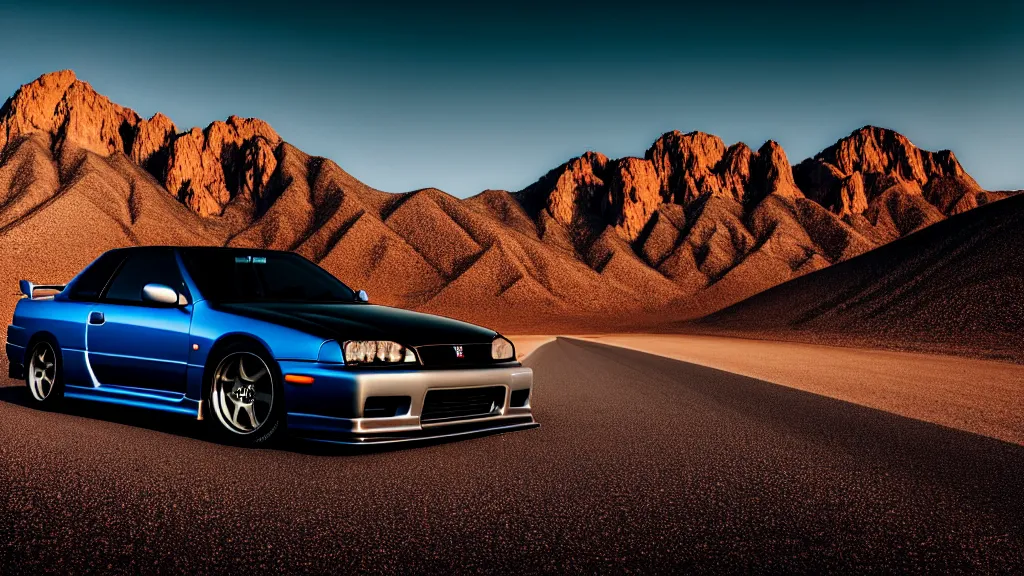 Prompt: three quarter front photo of a stock dark grey nissan r 3 2 skyline gtr on a road in a desert with a mountain in the background in the early morning, car photography, depth of field, zoom lens, blue hour, photorealistic